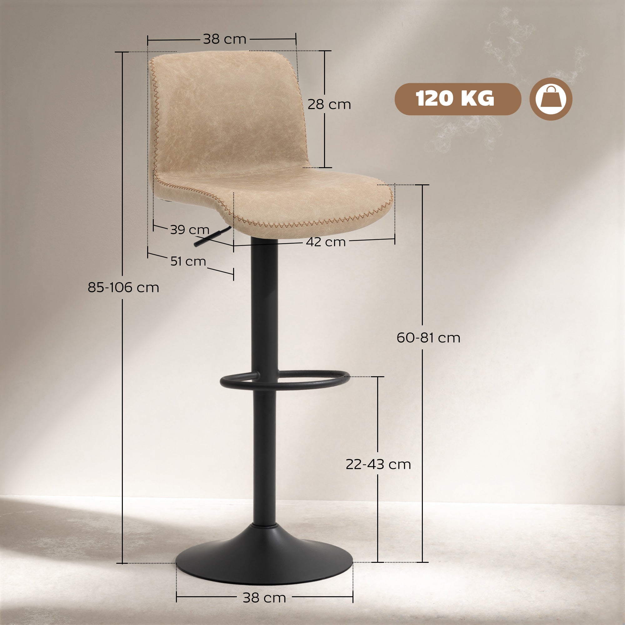 HOMCOM Bar Stools Set of 2, PU Leather Barstools with Backrest and Footrest for Kitchen, Counter, Breakfast Bar, Light Brown 