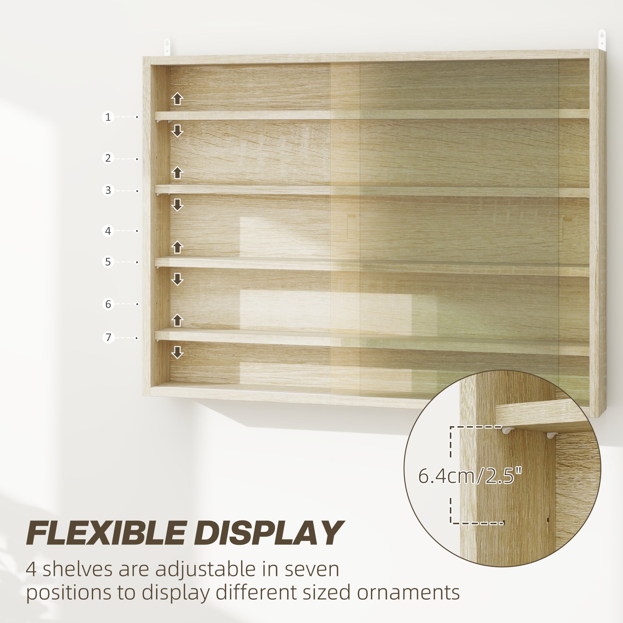 HOMCOM 5-Tier Wall Display Shelf Unit Cabinet w/ 4 Adjustable Shelves Glass Doors Home Office Ornaments 60x80cm Oak 