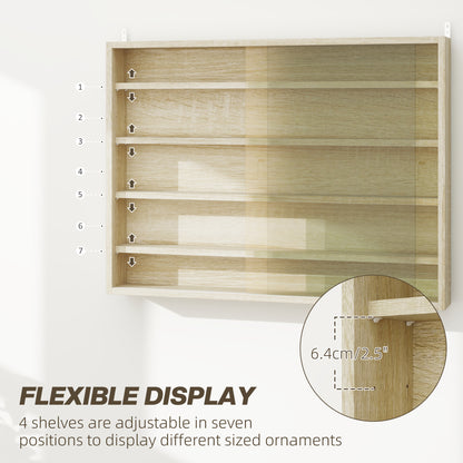 HOMCOM 5-Tier Wall Display Shelf Unit Cabinet w/ 4 Adjustable Shelves Glass Doors Home Office Ornaments 60x80cm Oak 