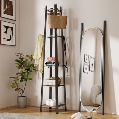 HOMCOM Industrial-Style Four Shelf Coat Stand - Brown/Black 