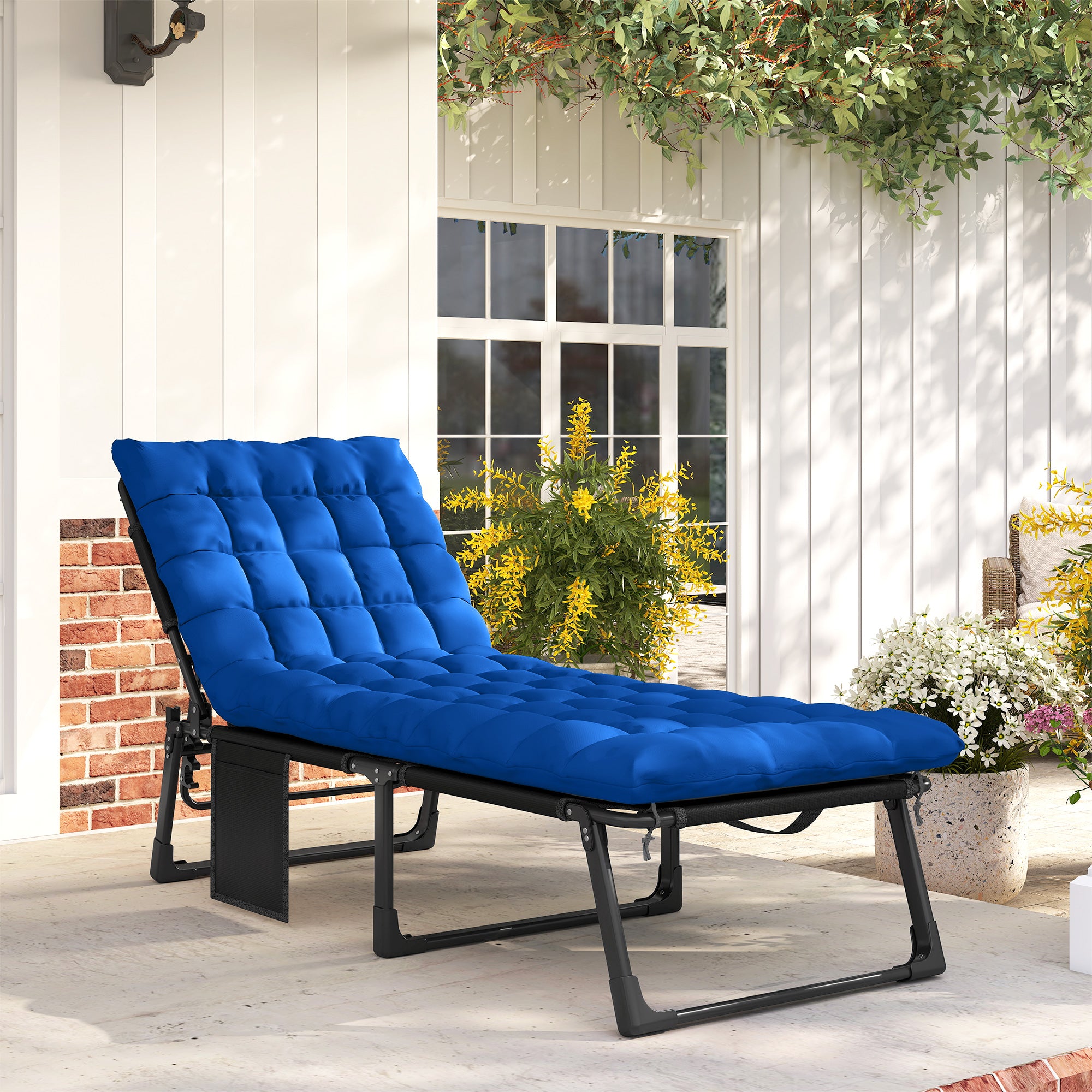 Outsunny Folding Sun Lounger for Garden, 5-Position Oversized Camping Bed Recliner with Cushions, Blue 