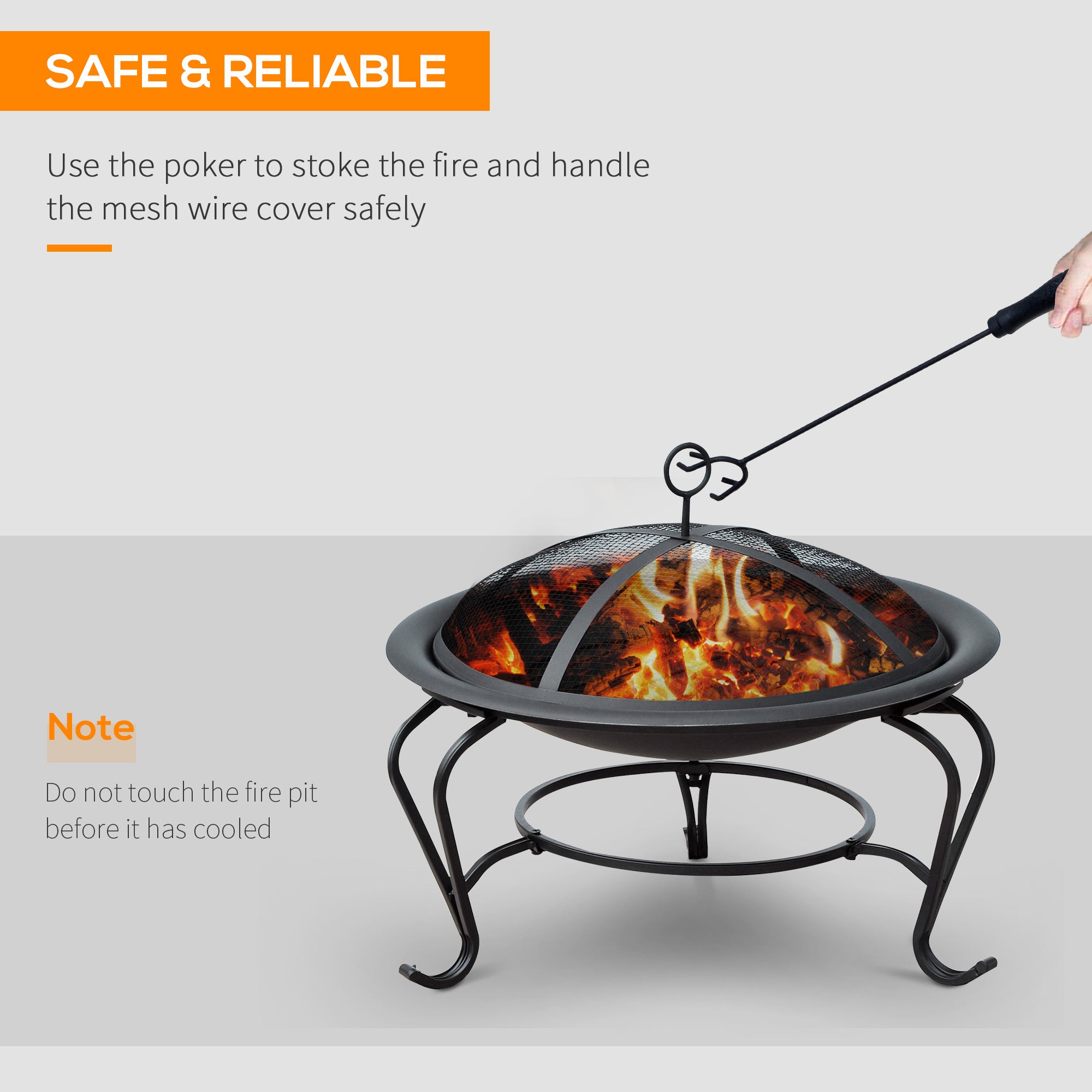 Outsunny Metal Firepit Bowl Outdoor Round Fire Pit w/ Lid, Log Grate, Poker for Backyard, Camping, BBQ, Bonfire, Wood Burning Stove, 56 x 56 x 45cm, Black 