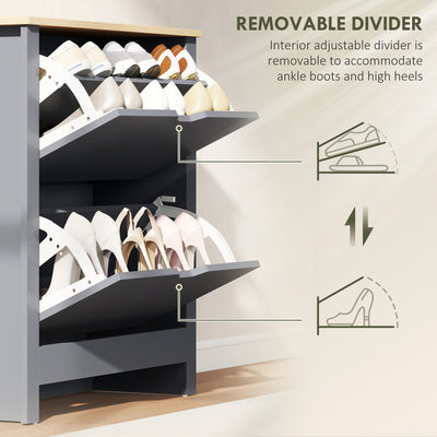 HOMCOM Slim Shoe Cabinet, Narrow Shoe Cupboard with 2 Flip Drawers, Adjustable Shelves for 12 Pairs of Shoes, Charcoal Grey 