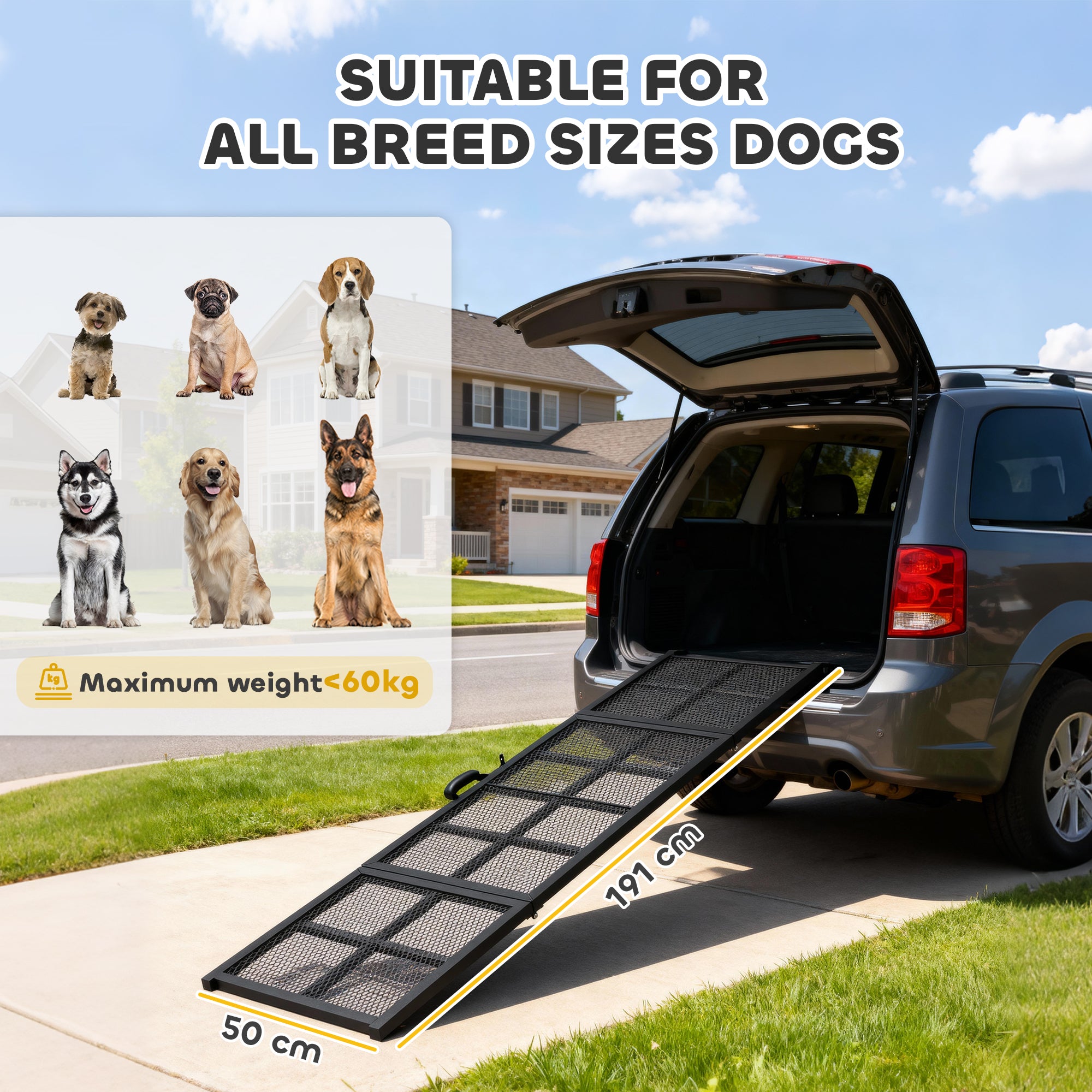 PawHut 191 x 50cm Dog Ramp for Car, Extra Long Pet Stairs with Non-Slip Surface, for Large Dogs, Black 