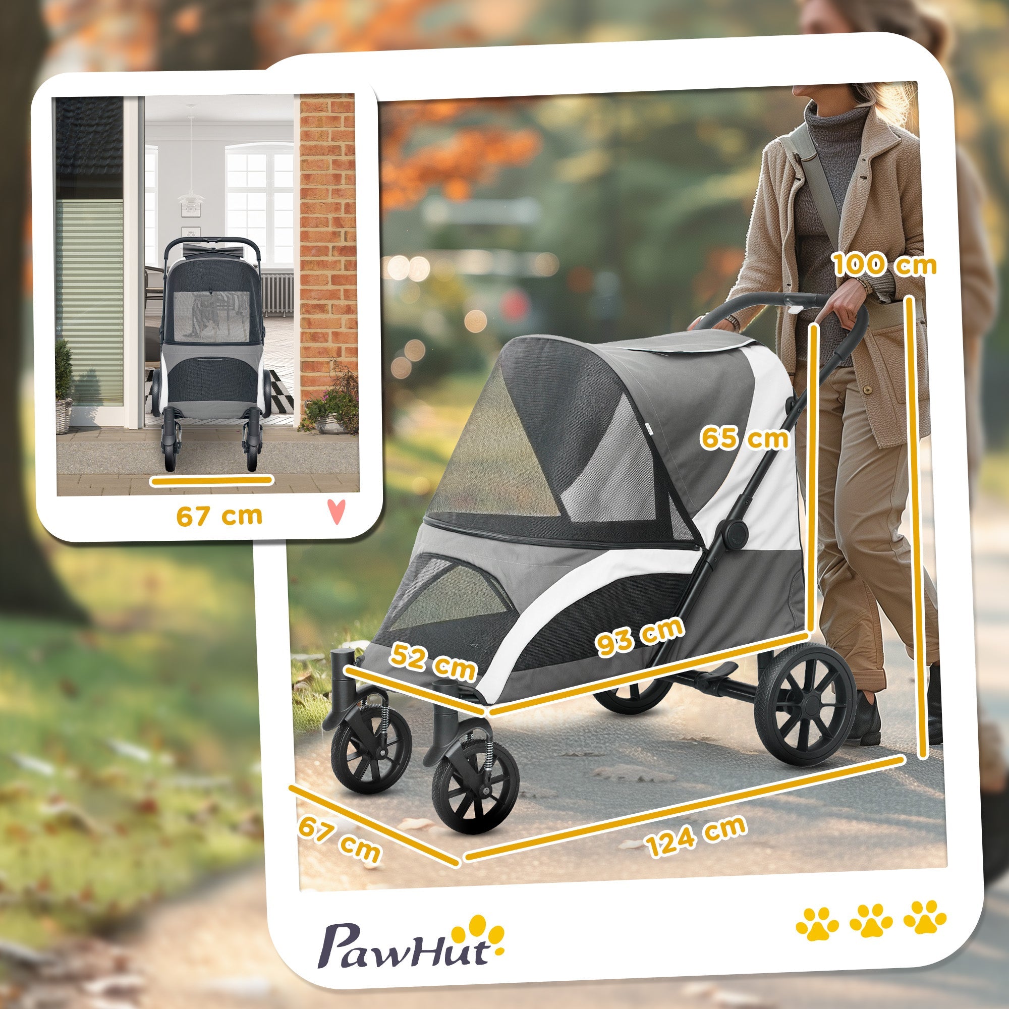 PawHut Easy Folding Pet Stroller for Large Dogs with 4 Big Wheels, Shock Absorb Frame, Safety Leashes, Brakes, Dark Grey 