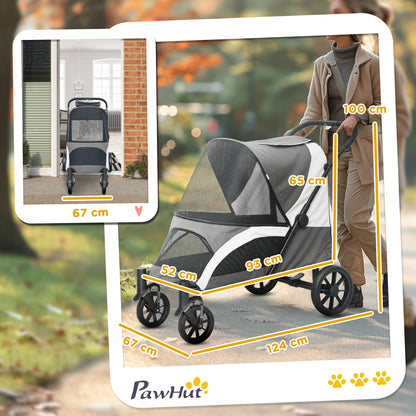 PawHut Easy Folding Pet Stroller for Large Dogs with 4 Big Wheels, Shock Absorb Frame, Safety Leashes, Brakes, Dark Grey 