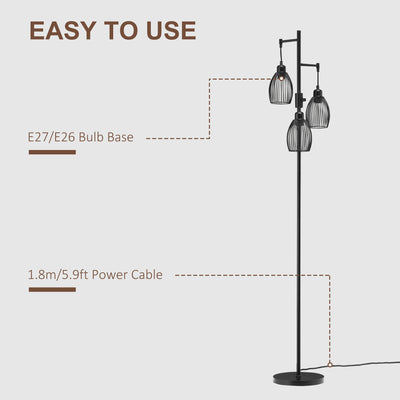 HOMCOM 170cm Industrial 3-Light Floor Lamp, Dimmable Standing Lamp with Steel Lampshades for Living Room, Bedroom, Dinging Room, Study, Black 