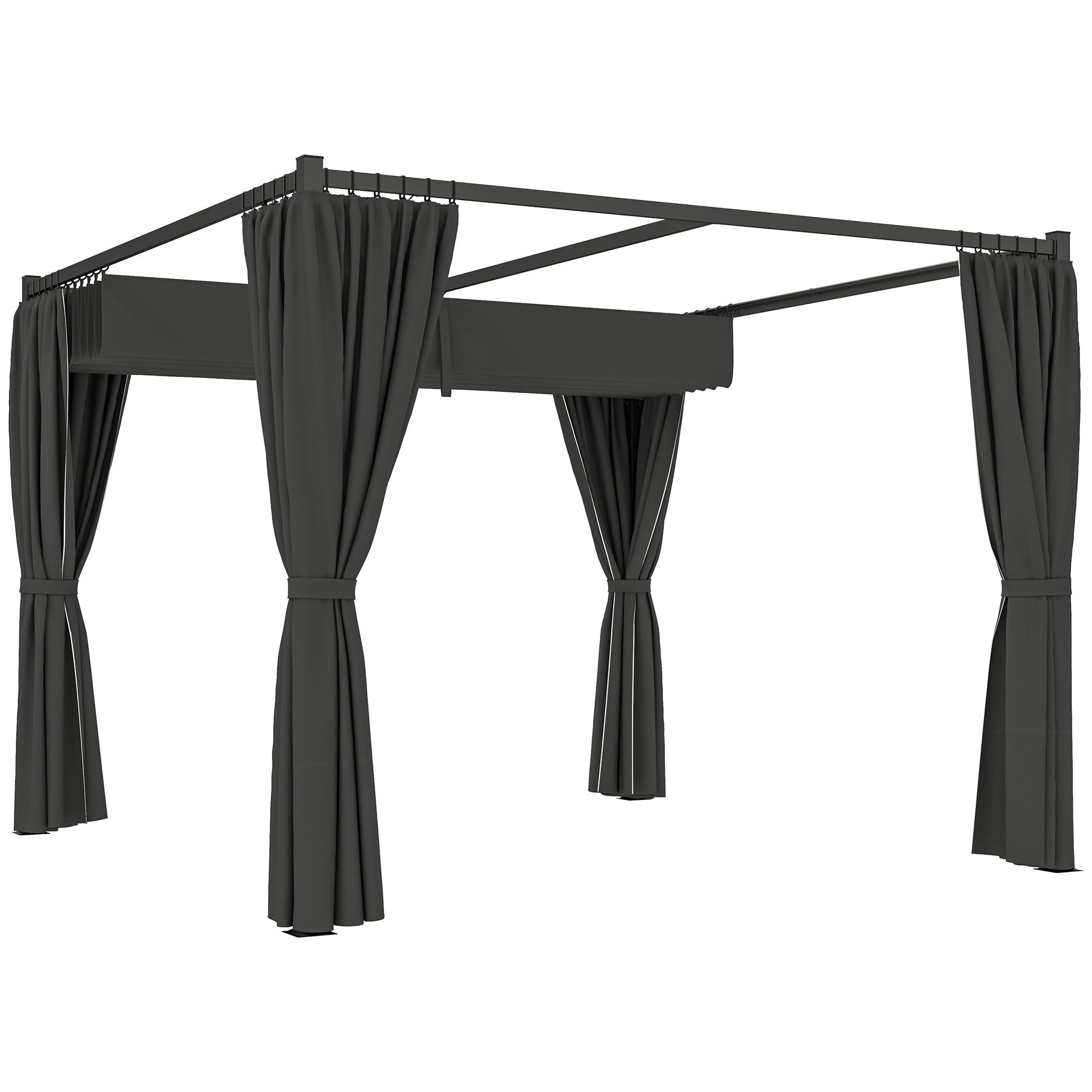 Outsunny 3 x 3(m) Retractable Pergola, Garden Gazebo Shelter with Curtains, for Grill, Patio, Deck, Charcoal Grey 