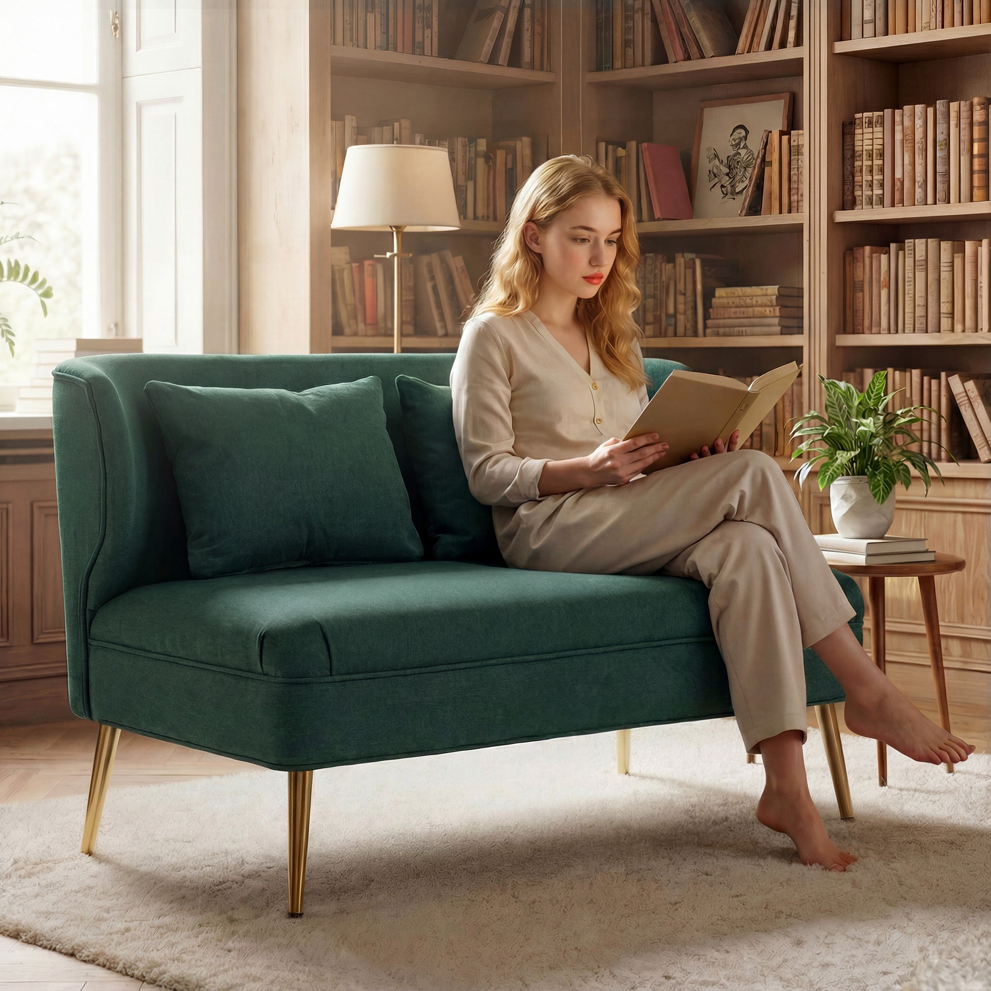 HOMCOM 2 Seater Sofa, Linen-look Fabric Small Sofa with Wing Back, Thick Seat, Metal Legs, Dark Green 
