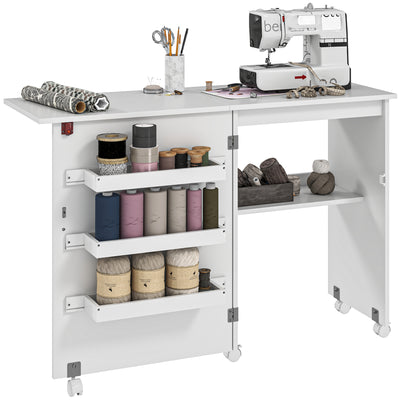 HOMCOM Folding Sewing Table, Drop Leaf Craft Table with Storage Bins, Open Shelf and Wheels, Rolling Sewing Machine Cabinet Computer Desk for Small Space, White 