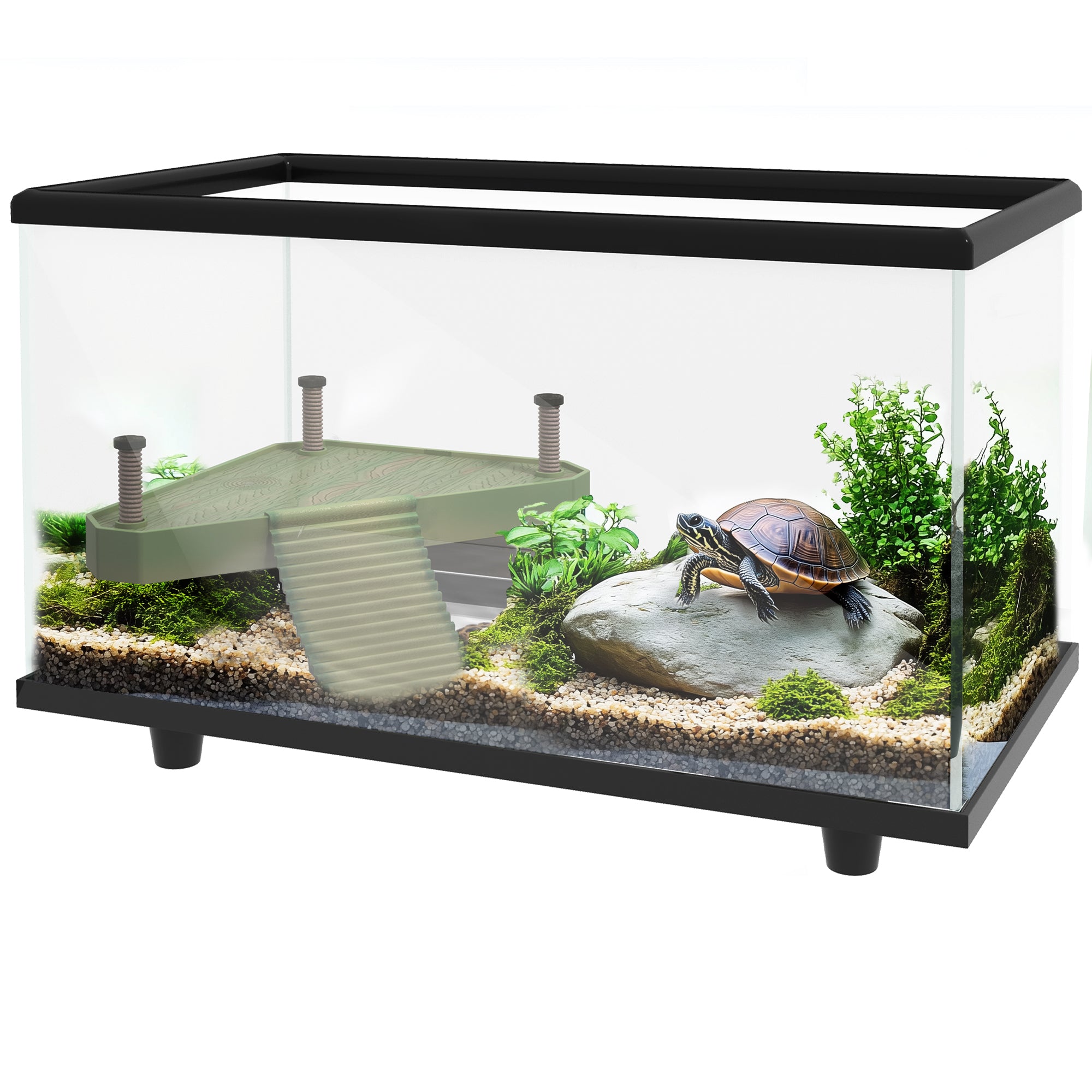 PawHut 28L Glass Turtle Tank Aquarium with Basking Platform, Easy Drainage, Strip Patch Thermometer 