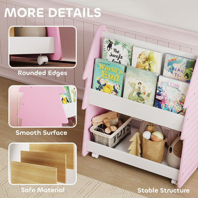 AIYAPLAY Kids Bookshelf with Toy Storage, Double-Sided Bookcase with Wheels, 3 Tier Kids Book Rack for Bedroom, Pink 