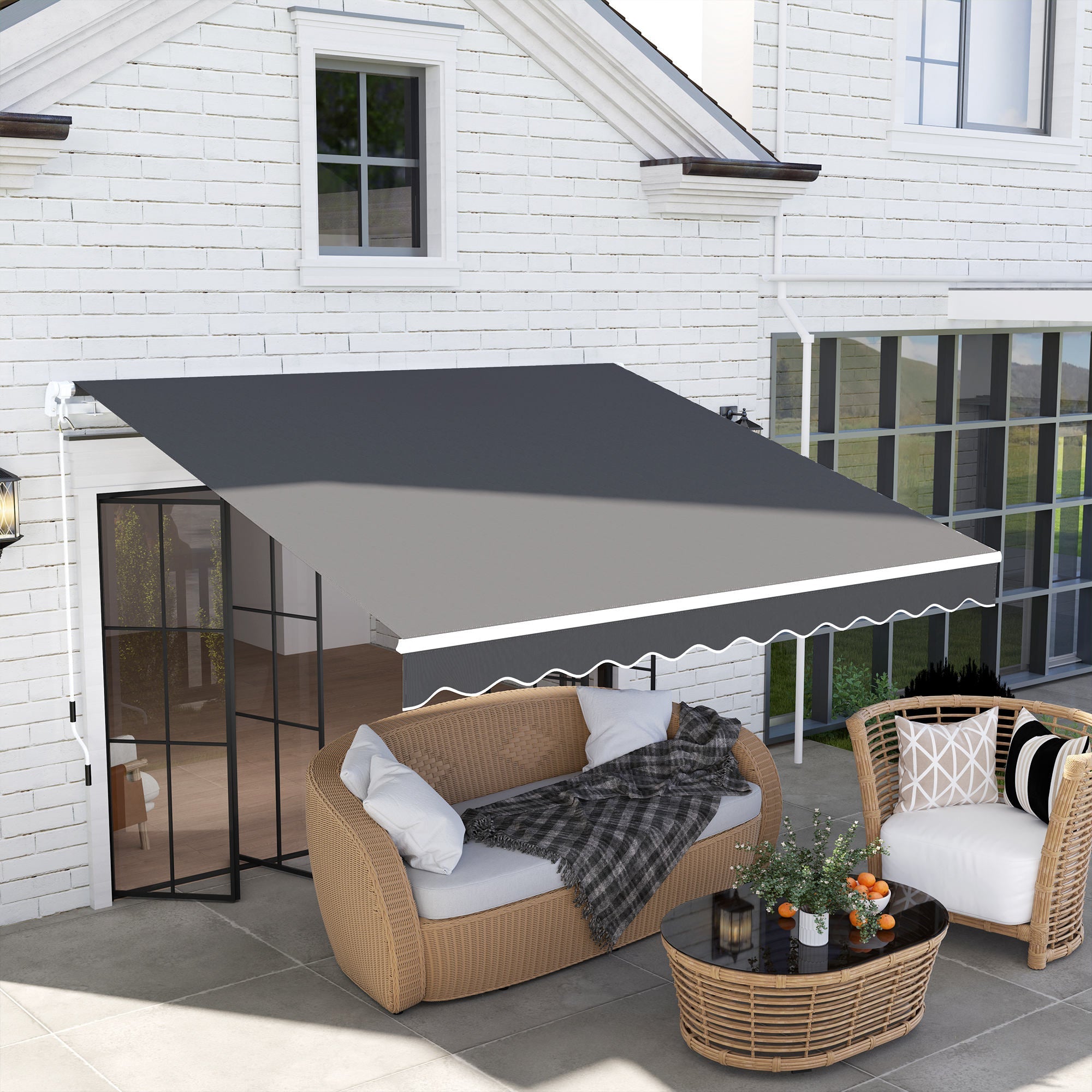 Outsunny 3 x 2.5m Garden Patio Manual Awning, Retractable Canopy Sun Shade Shelter with Fittings and Crank Handle, Dark Grey 
