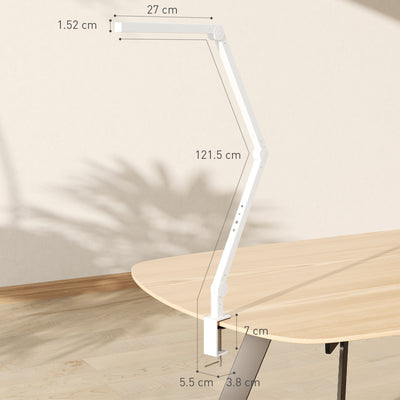HOMCOM LED Desk Lamp, Dimmable Desk Light with Swing Arm and Clamp, Adjustable Eye-Caring Table Lamp with 2 Colour Modes & 5 Brightness Levels for Study, Drawing, Office, Architect, Task, White 