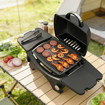 Outsunny 2 Burner Gas Grill with 2 Detachable Side Tables, 3.8 KW Steel Barbecue Grill with Cast Iron Grates, Lid, Thermometer 