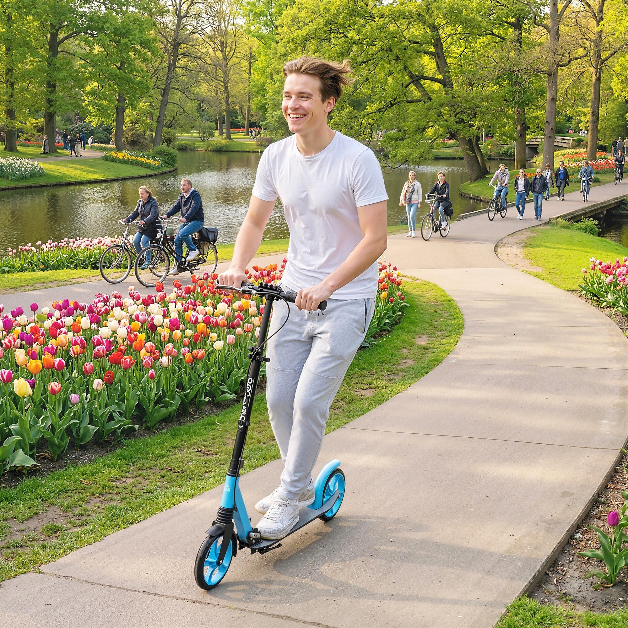 HOMCOM One-click Folding Kick Scooter for 14+ w/ Adjustable Handlebar, Push Scooter with Kickstand, Dual Brake System, Blue 