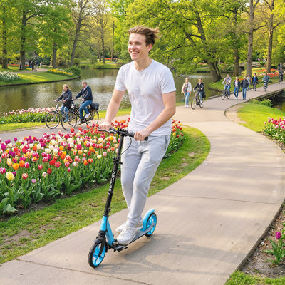 HOMCOM One-click Folding Kick Scooter for 14+ w/ Adjustable Handlebar, Push Scooter with Kickstand, Dual Brake System, Blue 