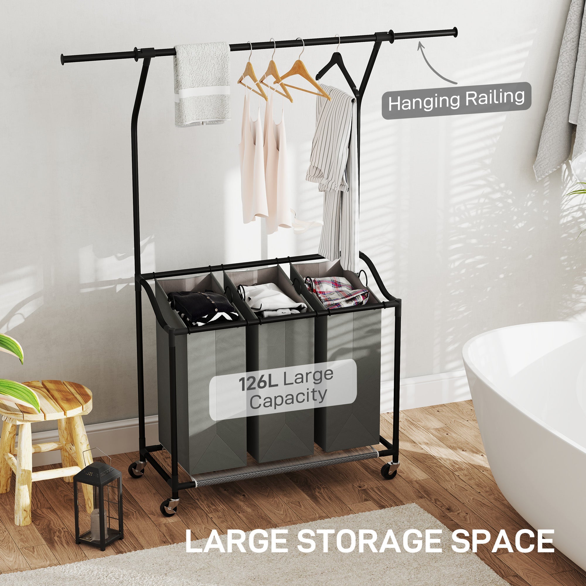 HOMCOM 126L Laundry Sorter, Rolling Wash Basket with Hanging Rail and Mobile 3-Bag Organiser for Bedroom, Bathroom, Laundry Room, 88-149.5L x 40W x 167H cm, Dark Grey 