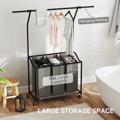 HOMCOM 126L Laundry Sorter, Rolling Wash Basket with Hanging Rail and Mobile 3-Bag Organiser for Bedroom, Bathroom, Laundry Room, 88-149.5L x 40W x 167H cm, Dark Grey 
