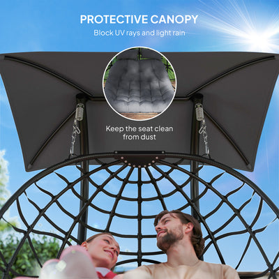 Outsunny Rattan Double Hanging Egg Chair with Canopy, Foldable Wicker Swing Egg Chair with Cushion, Head Pillows, Stand, Steel Frame, Hammock Chair for Indoor Outdoor, Capacity 260 kg, Black 