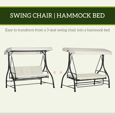 Outsunny 3 Seater Canopy Swing Chair, 2 in 1 Garden Swing Seat Bed, with Adjustable Canopy and Metal Frame, Cream White 