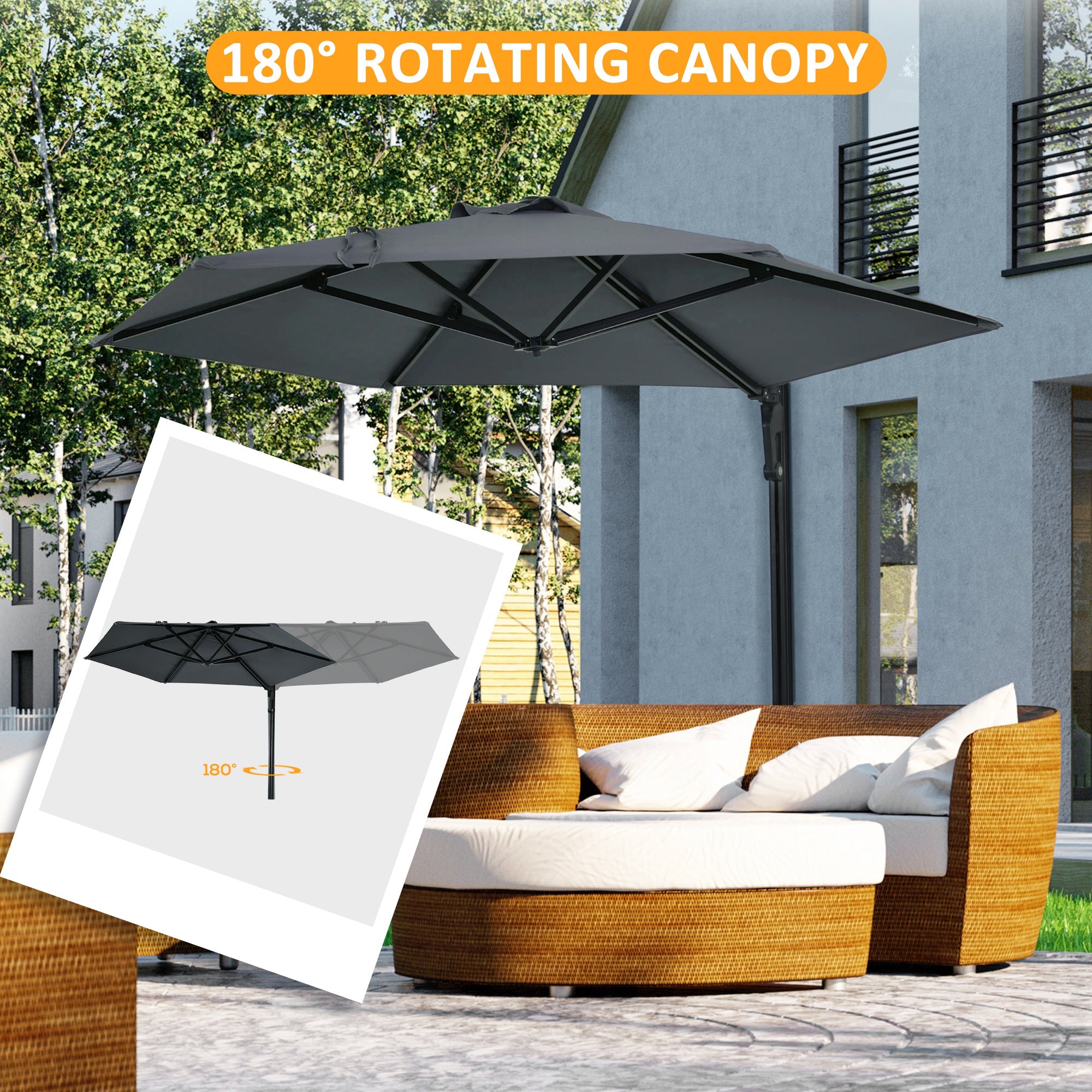 Outsunny 2.5m Wall Mounted Parasol, Hand to Push Outdoor Patio Umbrella with 180 Degree Rotatable Canopy for Porch, Deck, Garden, 250 cm, Dark Grey 