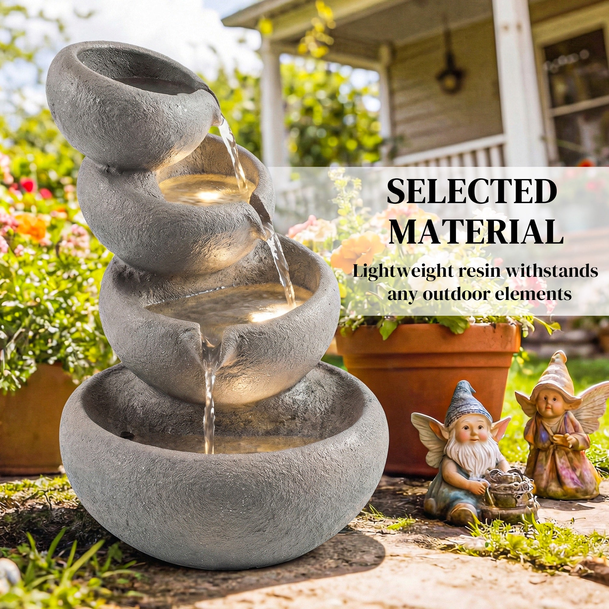 Outsunny 4-Tier Water Fountain Outdoor, Garden Water Feature with LED Lights and Pump, Freestanding Resin Waterfall for Patio 