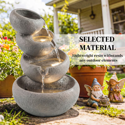 Outsunny 4-Tier Water Fountain Outdoor, Garden Water Feature with LED Lights and Pump, Freestanding Resin Waterfall for Patio 