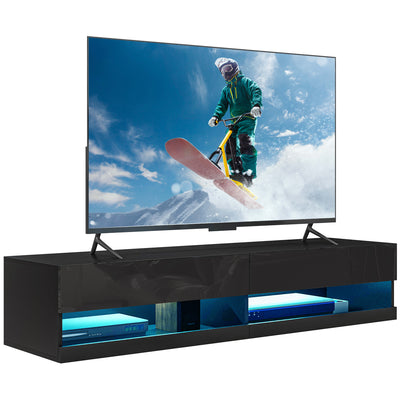 HOMCOM Floating TV Unit, Wall Mounted TV Cabinet for TVs up to 65", High Gloss Media Wall Unit with LED Lights, Storage Shelves for Living Entertainment Room, Black 