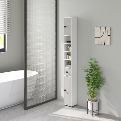 kleankin 180cm Slim Bathroom Cabinet, with Drawer, Shelves and Cupboards - Light Grey 