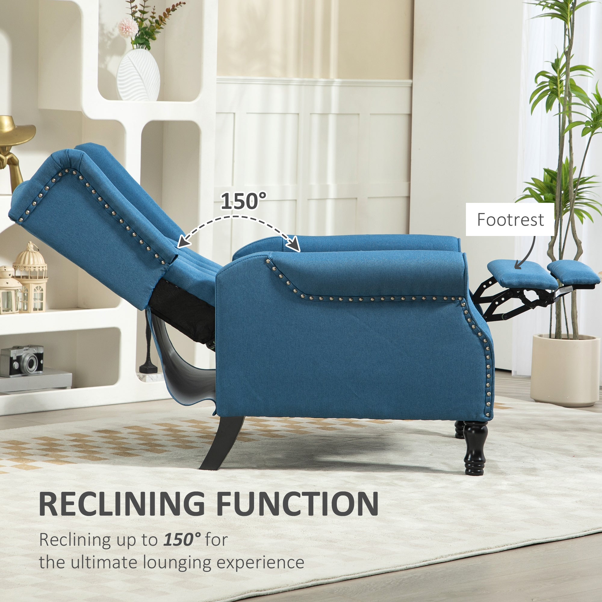 HOMCOM 150\'c2\'b0 Reclining Vintage Armchair, with footrest - Blue