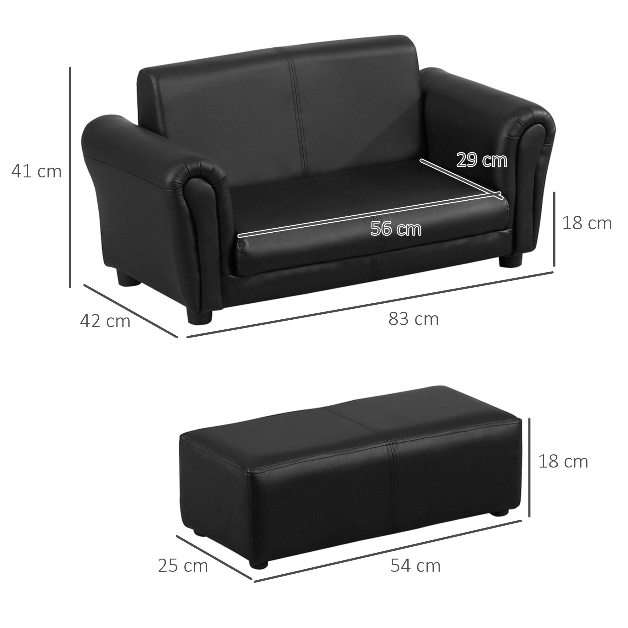 HOMCOM Kids Sofa Bed Kids Twin Sofa Toddler Chair 2 Seater Kids Twin Sofa Chair Boys Girls Couch w/ Footstool (Black)