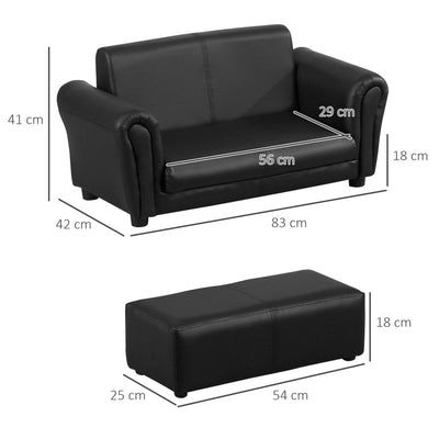 HOMCOM Kids Sofa Bed Kids Twin Sofa Toddler Chair 2 Seater Kids Twin Sofa Chair Boys Girls Couch w/ Footstool (Black) 