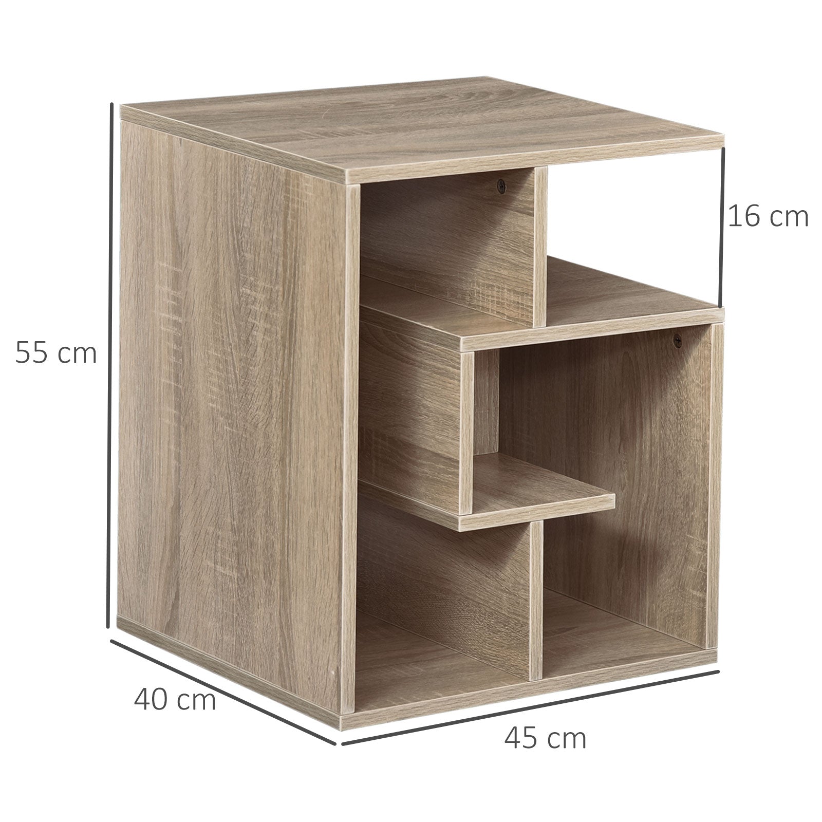 HOMCOM Side Table, 3 Tier End Table with Open Storage Shelves for Living Room, Bedroom, Oak 