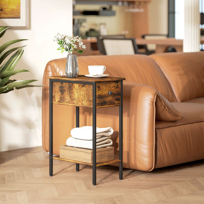 HOMCOM Narrow Side Table with Drawer and Storage Shelf - Rustic Brown 