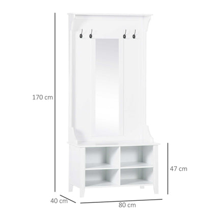 HOMCOM Hallway Furniture Set Shoe Bench Storage Mirror Cabinet Coat Rack Multiple Cubes Hangers Organiser Shelves w/ 4 Hooks 