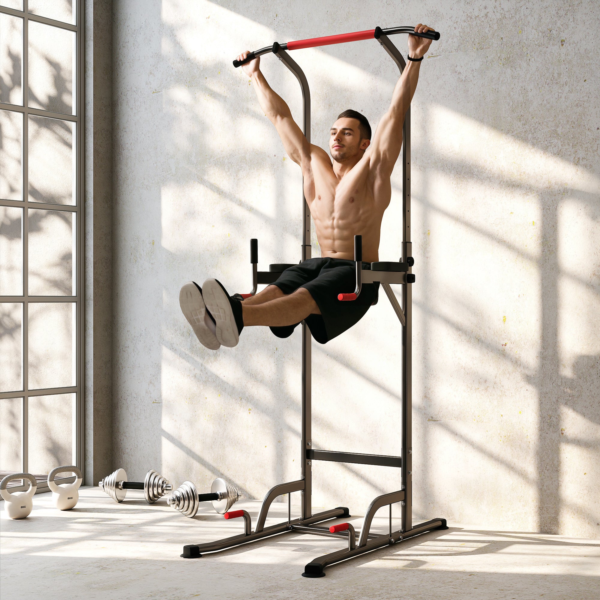 HOMCOM Power Tower Station with Dip Stand, Pull Up Bar Home Office Gym Training Workout Equipment 