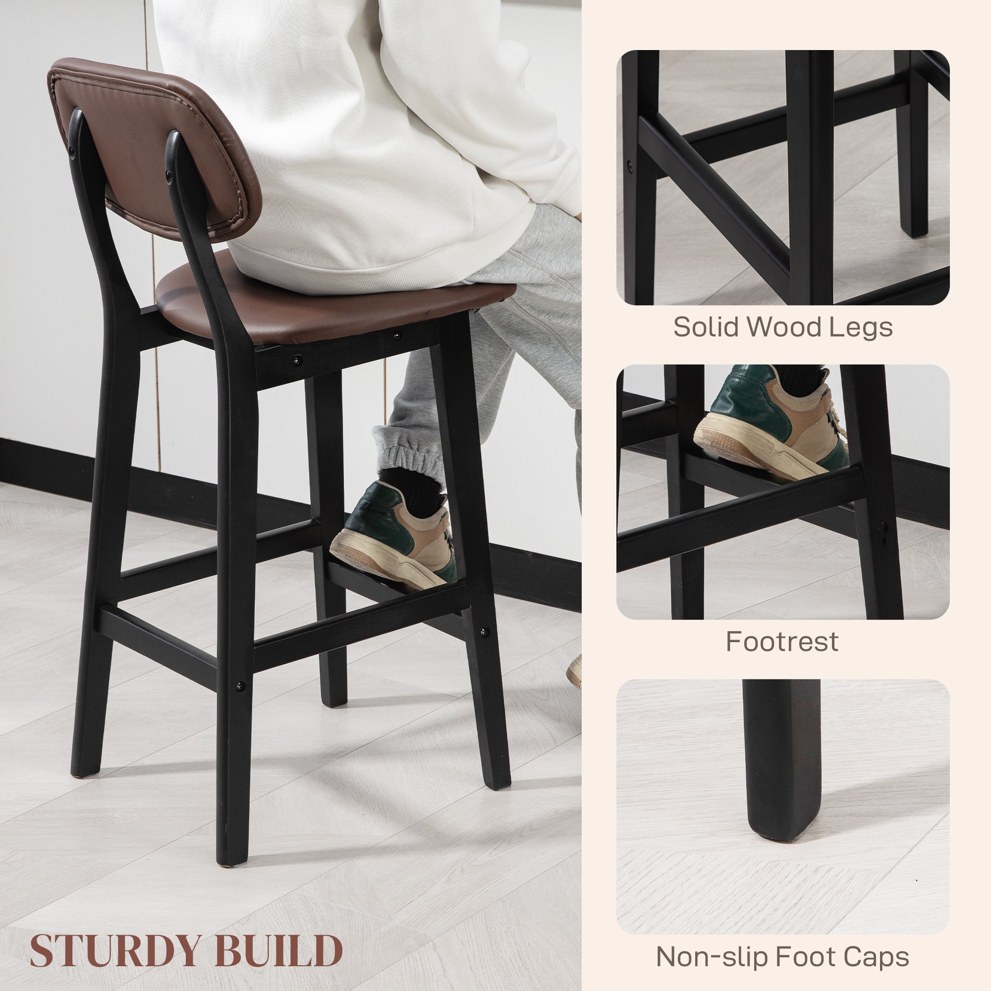 HOMCOM Bar Stools Set of 2, Contemporary Breakfast Bar Chairs, Faux Leather Upholstered Kitchen Stools with Backs and  Solid Wood Legs, Brown