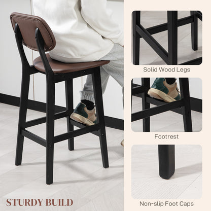 HOMCOM Bar Stools Set of 2, Contemporary Breakfast Bar Chairs, Faux Leather Upholstered Kitchen Stools with Backs and  Solid Wood Legs, Brown