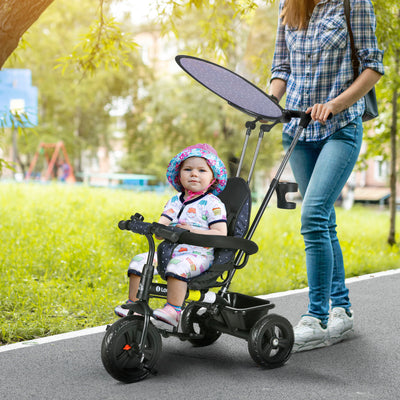 HOMCOM 6 in 1 Tricycle for Kids with 5-point harness straps, Removable Canopy, Dark Blue 