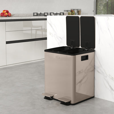 HOMCOM 40L Dual Compartment Stainless Steel Bin, with Deodoriser Holders - Gold Tone 