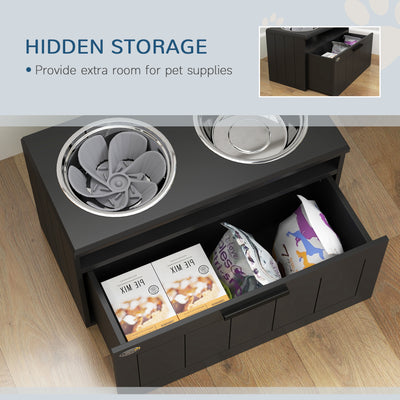PawHut Raised Dog Bowl with Slow Feeder & 2 Stainless Steel Dog Bowl, 25L Storage Drawer, for Large & Extra Large Dogs, Black 
