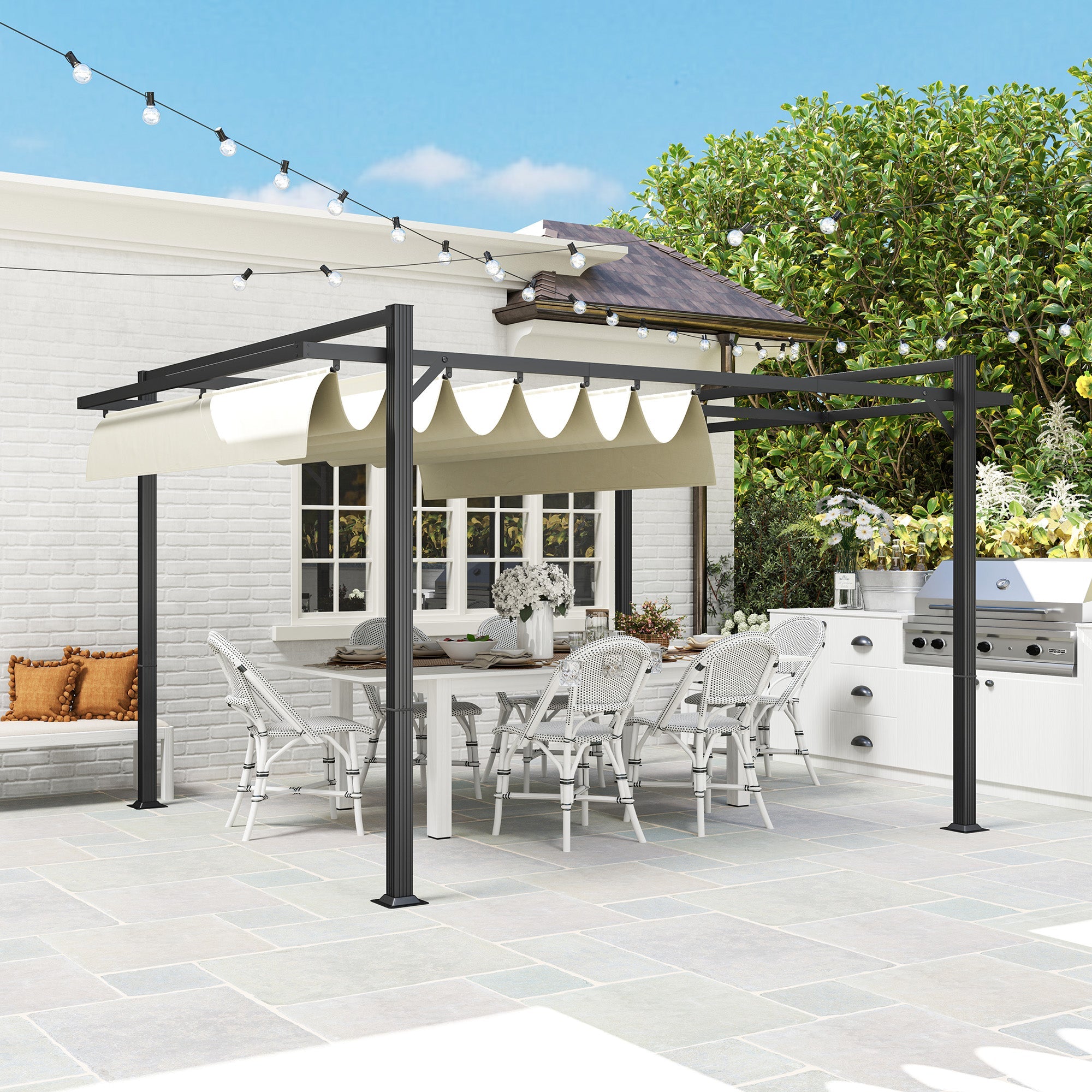 Outsunny 3 x 4m Aluminium Pergola, with Retractable Roof - Grey/Khaki 