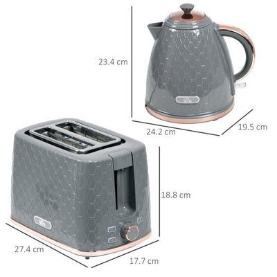 HOMCOM 1.7L 3000W Fast Boil Kettle & 2 Slice Toaster Set, Kettle and Toaster Set with Auto Shut Off, Browning Controls, Grey 