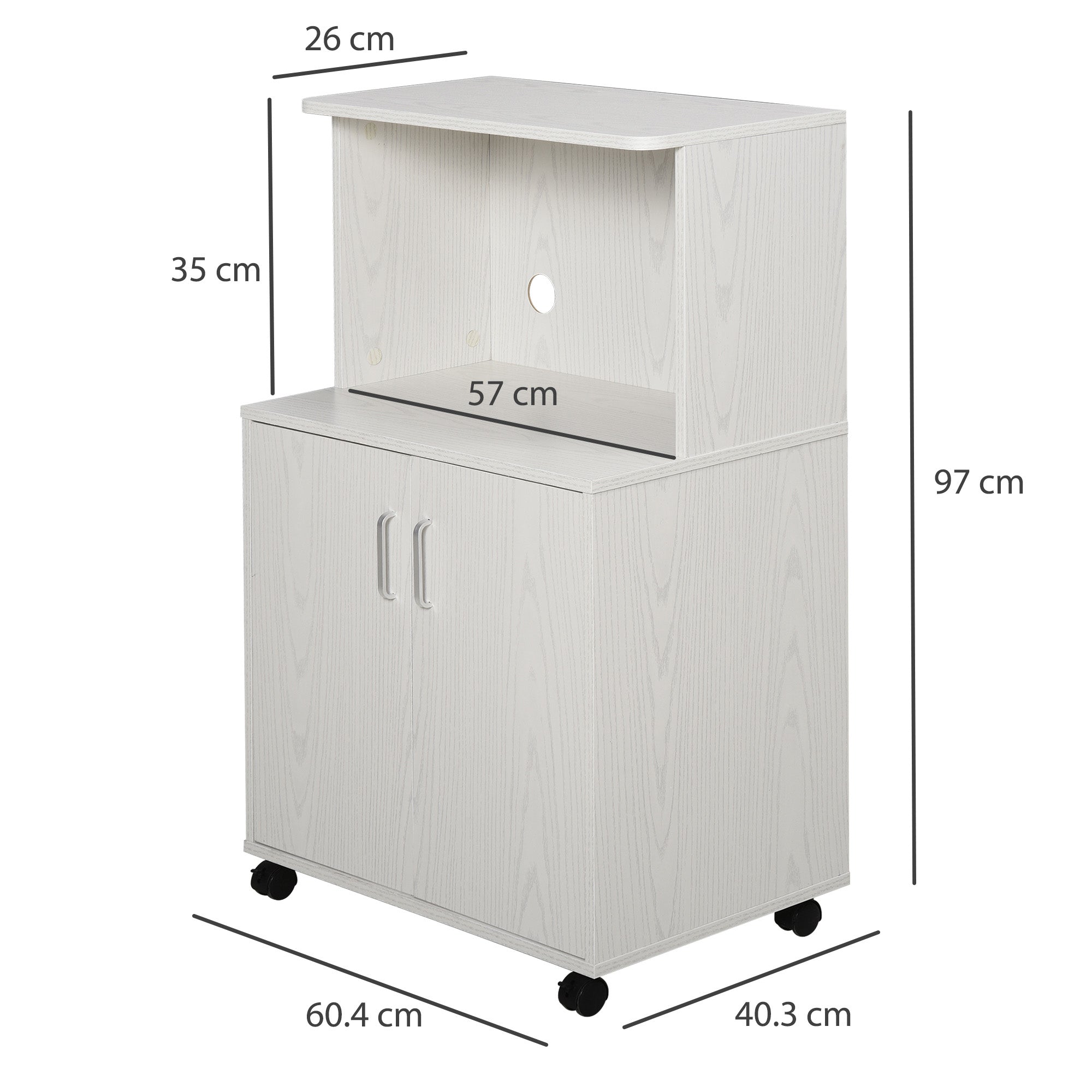 HOMCOM Kitchen Storage Unit, Modern Microwave Stand Trolley Cart, Sideboard with Cabinet,  Locking Wheels, Shelf for Living Room, Dining Room, White 