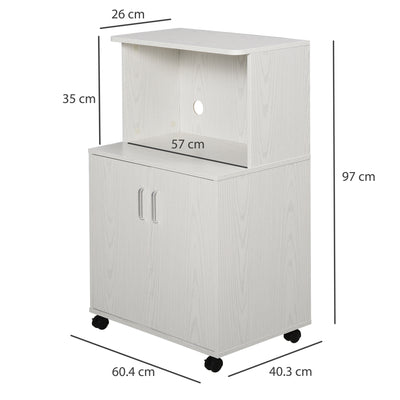 HOMCOM Kitchen Storage Unit, Modern Microwave Stand Trolley Cart, Sideboard with Cabinet,  Locking Wheels, Shelf for Living Room, Dining Room, White 
