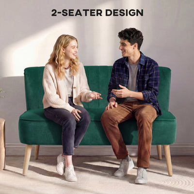 HOMCOM 117cm Loveseat Sofa Upholstered Small 2 Seater Sofa  with Thick Padded Seat and Rubber Wood Legs, Dark Green 