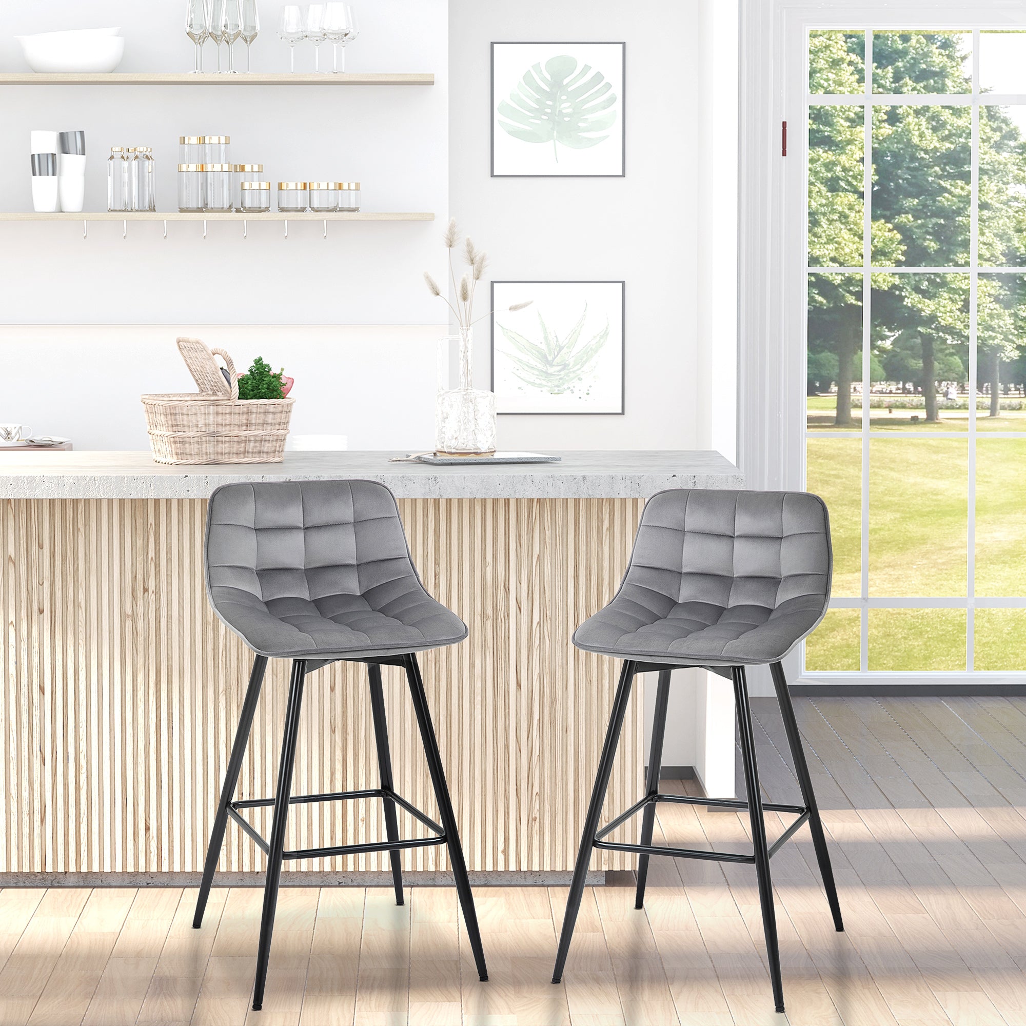 HOMCOM Set of 2 Bar Stools Velvet-Touch Dining Chairs Kitchen Counter Chairs    Fabric Upholstered seat with Metal Legs, Backrest, Grey 
