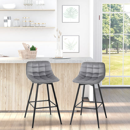HOMCOM Set of 2 Bar Stools Velvet-Touch Dining Chairs Kitchen Counter Chairs    Fabric Upholstered seat with Metal Legs, Backrest, Grey 