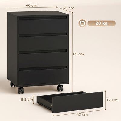 HOMCOM Four-Drawer Office Filing Cabinet, with Wheels - Black